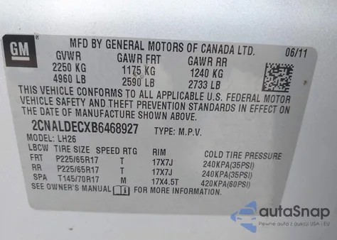 2011 Chevrolet Equinox 1Lt из США, поврежденный, VIN 2CNALDECXB6468927